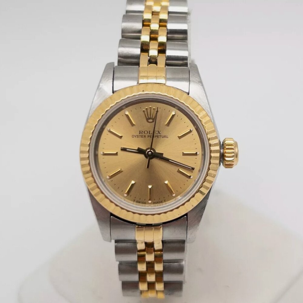 MINT ROLEX OYSTER PERPETUAL Ladies 18k Yellow Gold SS Watch SERVICED